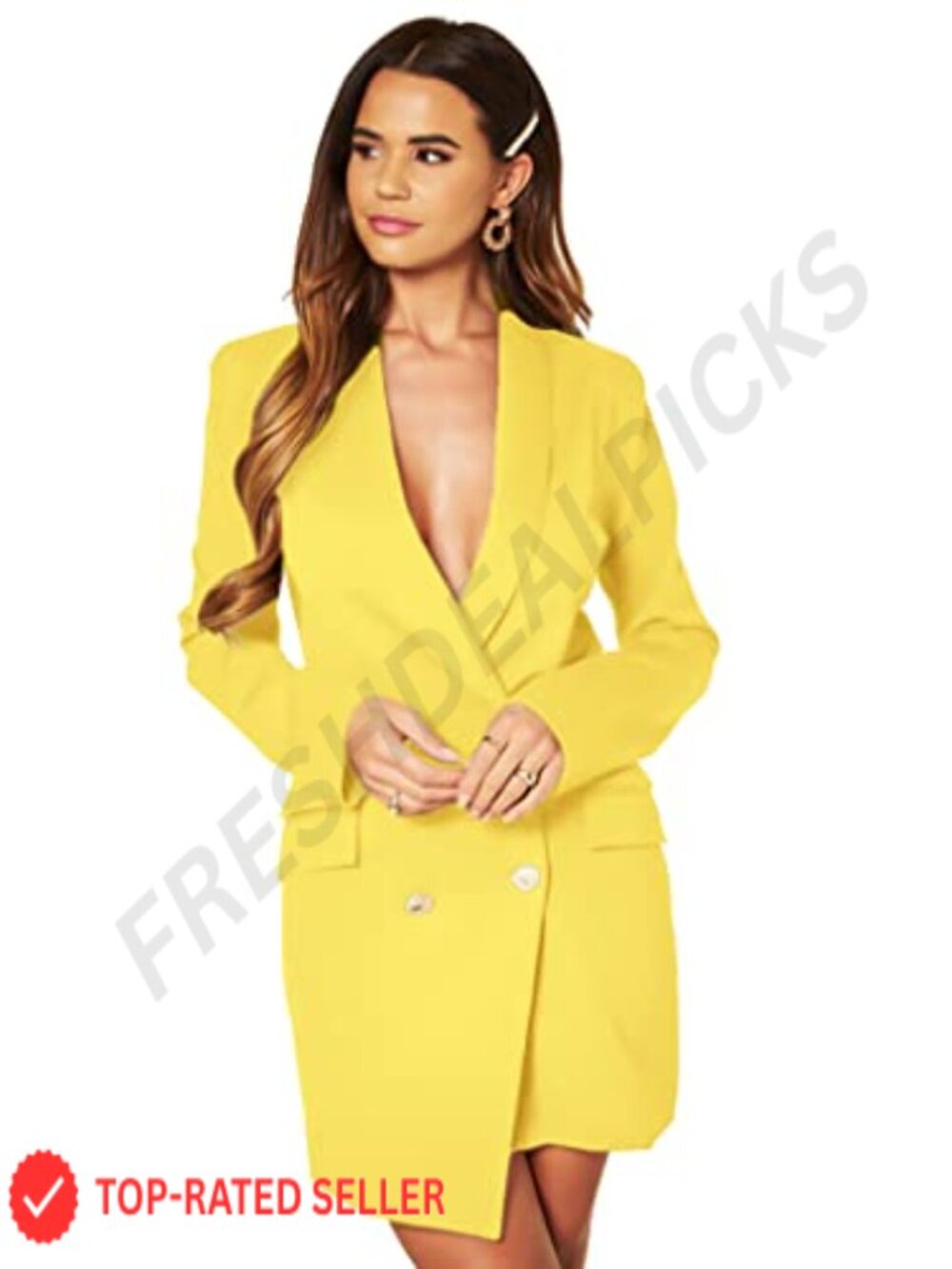 Women Yellow Blazer Dress Asymmetric Luxe Notch Collar Gold Button Party Office